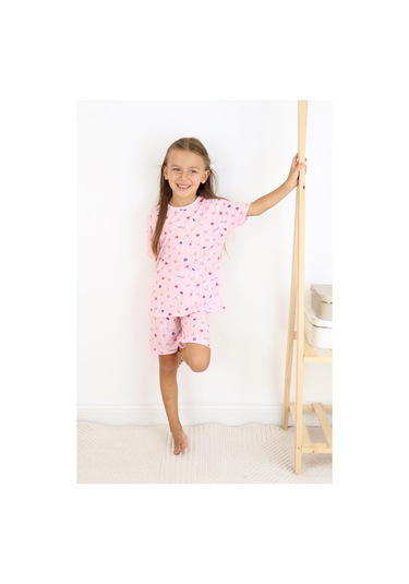 Kız Çocuk Pamuklu Penye Kumaş Şortlu Pijama Takımı Beyaz - Pembe