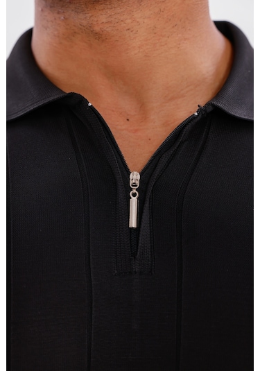 Monox Erkek Yarım Fermuarlı Polo Yaka Triko Kazak Siyah