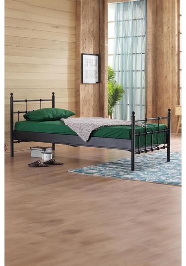 Lalas Tek Kişilik Ferforje Metal Karyola-siyah Ahşap Latalı