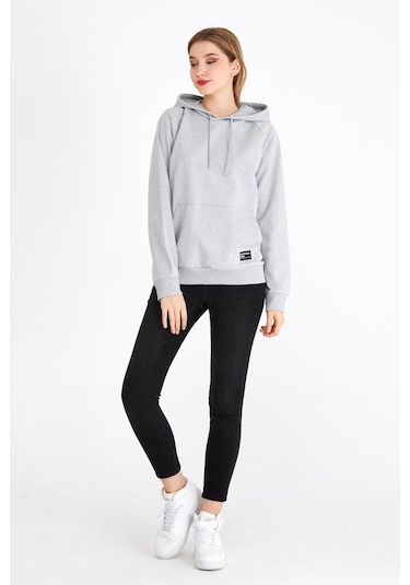 Comeor Kadın Gri Basic Kapüşonlu Regular Fit Rahat Sweatshirt 001