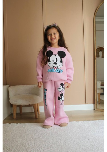 Kız Çocuk Pudra Pembe Renk Pamuklu 3 İplik Şardonlu Mickey Baskılı Alt Üst Takım Pembe