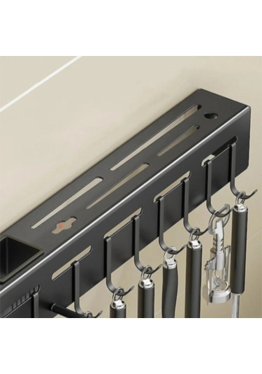 Fortunelane Çelik Duvarlı Bıçak Çubuk Saklama Rafı, 50cm, Perfore Edilmeden Monte Edilebilir, Siyah Mutfak Organizatörü Siyah