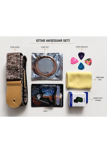 Valares Profesyonel Gitar Aksesuar Seti Tuner + Capo + Tel + Pena + Askı + Temizlik Bezi Full Set