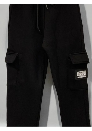 Çocuk Beli Paçası Lastikli Şardonlu Kalın Eşofman Alt-15364 Siyah