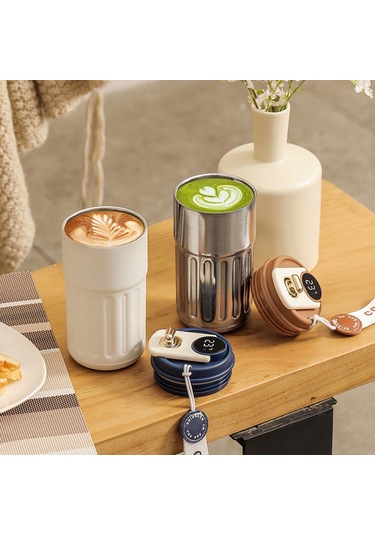 Springsun 450ml Akıllı Sıcaklık Ölçer Termos Bardak - 316 Çelik, 6-12 Saat Isı Saklama, Ev Ofis Dışarı Kullanıma Uygun, Gümüş Kahve Rengi