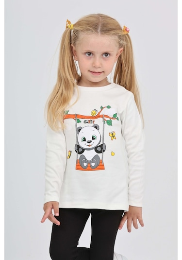 Toontoy Kız Çocuk Sallanan Panda Baskılı Sweatshirt Ekru