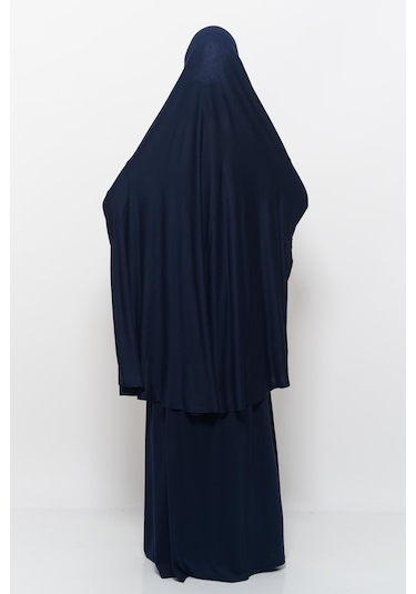 Pratik 2 Parça Pamuklu Yarasa Kollu Başörtülü Tesettür Namaz Elbisesi Koyu Lacivert Antrasit