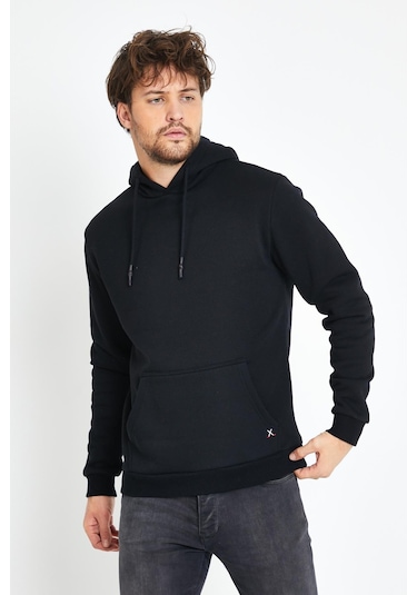 Erkek Kapüşonlu Kanguru Cep 3 İplik Sweatshirt Siyah