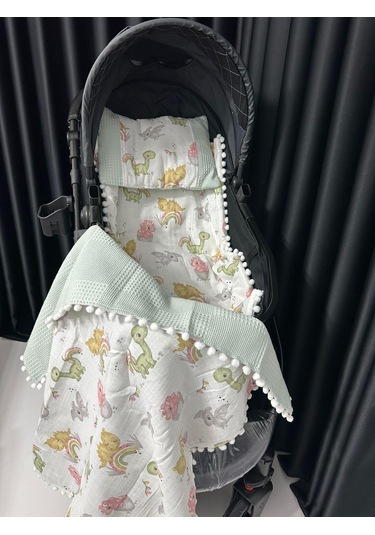 Dino 90 100 Çift Katlı Pikeli Müslin Battaniye Yastık Ve Alt Açma 3 Lü Set - Yeşil Yeşil