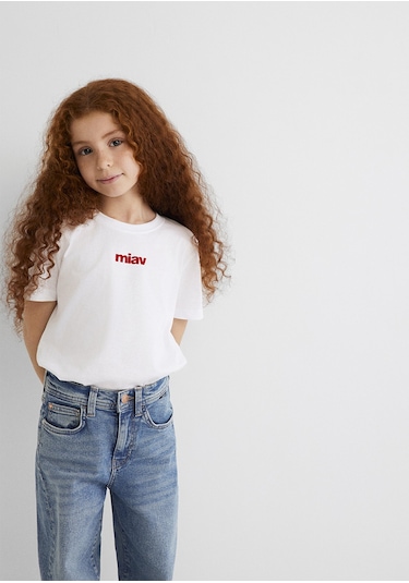 Mavi - Kırmızı Miav Baskılı Çocuk Tişört 66332602 Beyaz