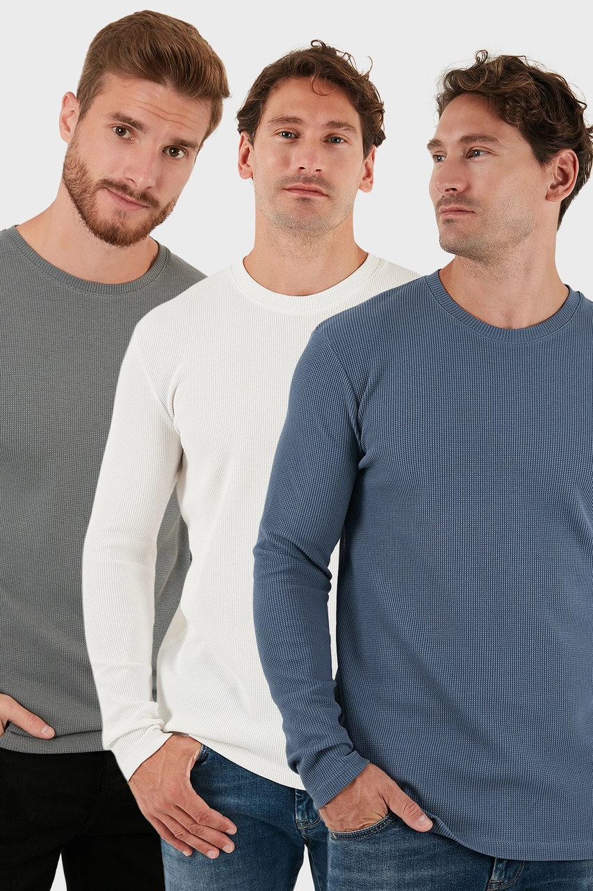 Buratti Pamuklu Bisklet Yaka Slim Fit Basic 3'Lü Paket Erkek Sweat 5905073S3 Açık Haki-Ekru-Koyu Gri