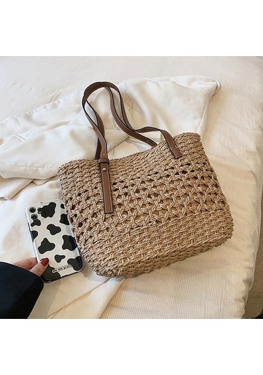 Ganzhoushop Yaz Üst Tote Saplı Plaj Omuz Kova Khaki Kapasiteli Kadınlar İçin Hasır Dokuma Çantası Çantası Çanta Büyük Alışveriş My Haki