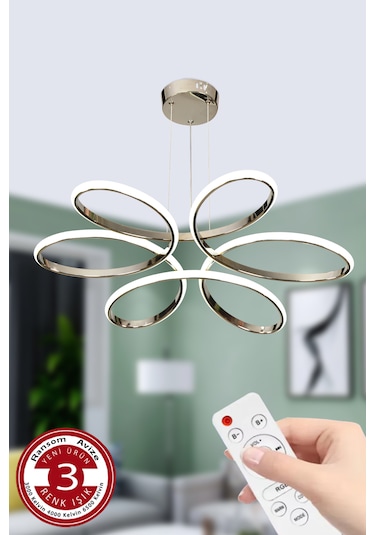 Ransom 3 Renk Kumandalı Büyük Salon & Oda Avizesi Topsuz Papatya Krom