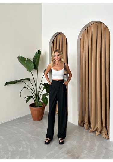 Siyah Önü Çapraz Düğme Detaylı Kumaş Pantolon Siyah