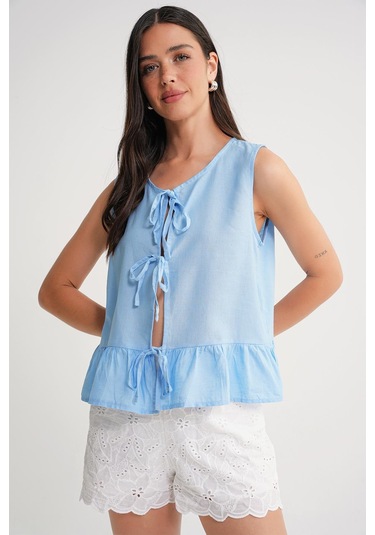 4717 Kadın Önü Bağcıklı Fırfırlı Kolsuz Keten Bluz Mavi Mavi