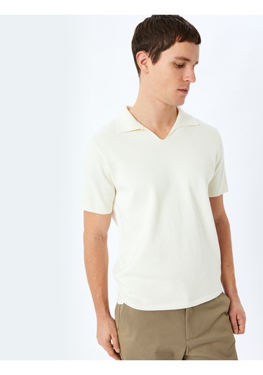 Koton Pamuklu V Polo Yaka Kısa Kollu Triko Kazak Ekru 5sam70005ht Ekru