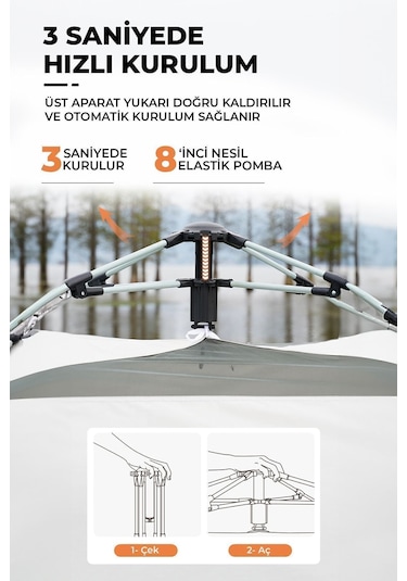 Tam Otomatik Su Ve Rüzgar Geçirmez Gölgelikli Altıgen Aile Çadırı 280x240x155 Cm Bej Bej