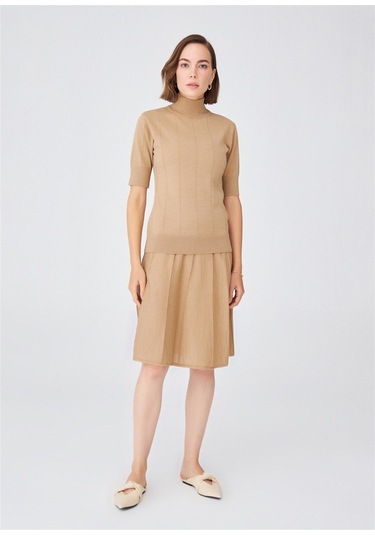 Peraluna Balıkçı Yaka Kısa Kollu Basic Kadın Triko Bluz Camel-Camel