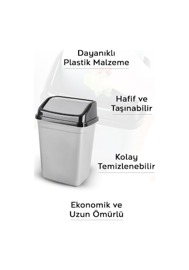 Kapaklı Plastik Çöp Kovası - Ev Ofis Banyo Mutfak Tezgah Üstü Çöp Kovası Gri 5 Litre Gri