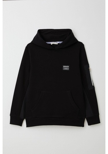 Breeze Erkek Çocuk Sweatshirt Armalı Kolu Cepli Fermuarlı 9-14 Yaş, Siyah Siyah
