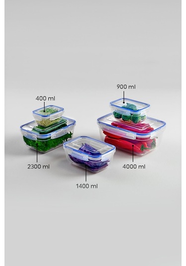 Dikdörtgen 5 Parça Contalı Vakumlu Sızdırmaz Hava Almaz Saklama Kabı Seti 4000/2300/1400/900/400 Ml Şeffaf