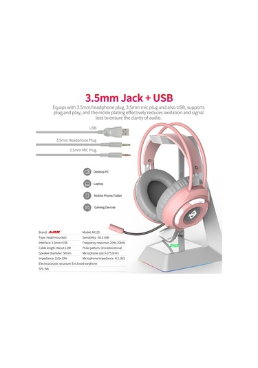 Reedark Ajazz Ax120 Kulaküstü Oyuncu Kulaklığı - Işıklı Mikrofonlu, 3.5mm+usb, 50mm Hoparlör, Pembe Renk
