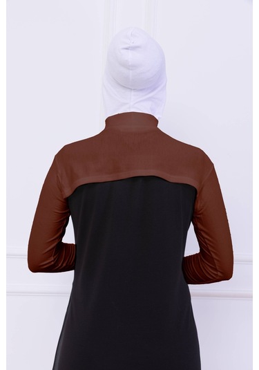 Balıkçı Yaka Boyunluklu Kolluk Kiremit - Likralı Dik Yakalı Kadın Body Tesettür Crop Bolero Kiremit