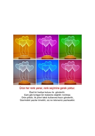 3D Led Lamba Sevgililer Günü Hediyesi Klasik Kalpler Kişiye Özel