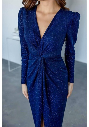 Kadın Büzgü Detaylı Simli Gece Elbisesi Dpnbmy3633 Mavi