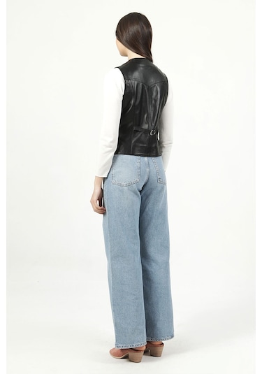 Dericlub Vittoria Kadın Düğmeli Slim Fit Hakiki Deri Yelek Siyah Siyah