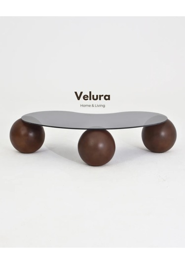 Modern Orta Sehpa & Top Sehpa Cam Sehpa & Küre Orta Sehpa - Koyu Ceviz Top - Fasulye - Füme Cam Ceviz