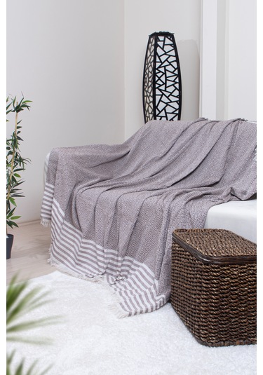 Pamuklu Püsküllü Elmas Desenli Koltuk Örtüsü 170x210 Cm Dekoratif Kanepe, Yatak Ve Tv Örtüsü Kahverengi