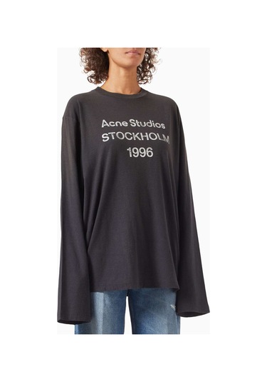 Acne Studios 1996 Logo Baskılı Tişört - Pamuk Karışımı - Oversize Kesim & Yıpranmış Detaylar Siyah