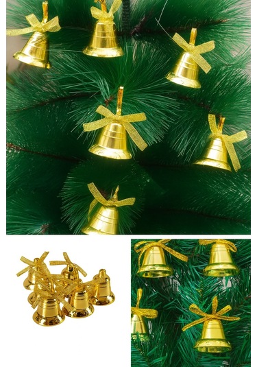 12 Adet Mini Çan Yılbaşı Çam Ağacı Süsü 3 Cm Sarı Kurdeleli Gold Yılbaşı Çam Ağacı Süsü