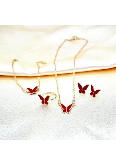 1set Moda Zarif Basit Çok Yönlü Kelebek Kolye Bilezik Küpe Yüzük Kadınlar Kızlar Düğün Partisi Takı Seti Hediye Kırmızı