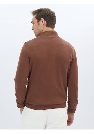 Kip Kahverengi Yarım Balıkçı Yaka Desenli Pamuk Karışımlı Triko Çok Renkli