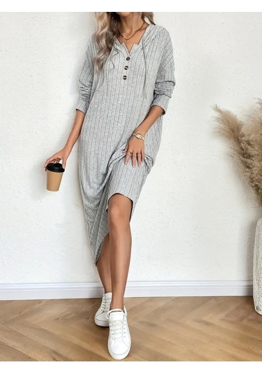 Kadın Uzun Kollu Kapşonlu Bağcıklı Şardonlu Kaşkorse Uzun Elbise Çok Renkli