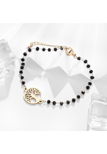 Gümüş Paslanmaz Çelik Hayat Ağacı Charm Bilezik Kadınlar Için Siyah Kristal Boncuk Zincirler Bilezik Kızın Parti Moda Kadın Takı