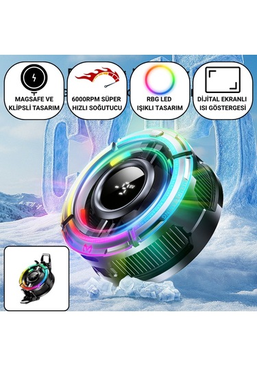 Polham Magsafe Ve Klipsli Rgb Led Süper Soğutucu 6000rpm Ultra Hızlı Fan Dijital Ekranlı Isı Göstergeli