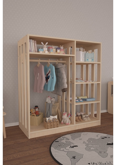 Doğal Ahşap Flexo Montessori Askılıklı 4 Raflı Elbise Dolabı Ahşap