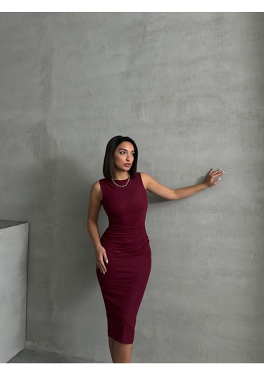 Kadın Tüllü Kolsuz Elbise Bordo