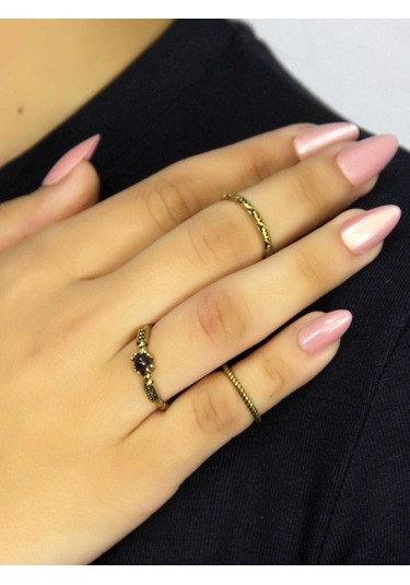 Doğal Taşlı 3'lü Garnet Lal Doğal Taşlı Antik Modelli Kadın Ayarlanabilir Yüzük Seti Euy84 Kırmızı