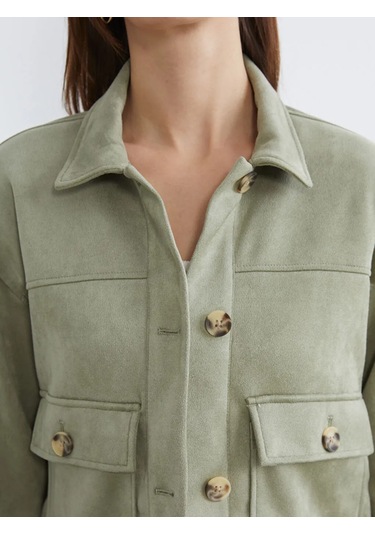 Lc Waikiki Yeşil Gömlek Yaka Süet Görünümlü Kadın Ceket