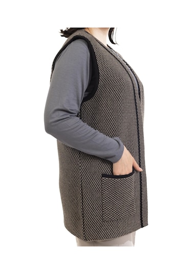 Kadın Orta Yaş ve Üzeri Triko Örgü Minik Baklava Desen Düğmesiz Anne Yelek 332 - L Siyah