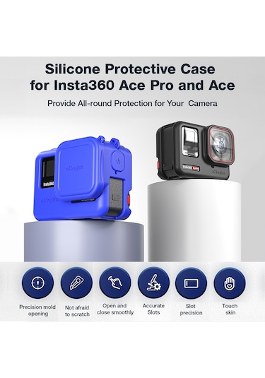 Ranyeek Amagisn Insta360 Ace Pro Kamera Koruyucu Seti: Silikon Gövde Kılıfı + Lens Kapak + Askı, Mavi Renk, 25g Ağırlık