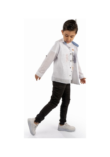 Çift Cepli Gömlek , Pantolon , T-shirt 3parça Pamuklu Erkek Çocuk Takım Mnk965 Beyaz