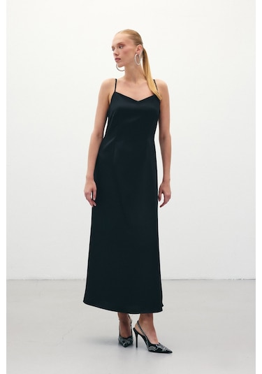Sateen Askılı Uzun Saten Elbise - Siyah-136327 Siyah
