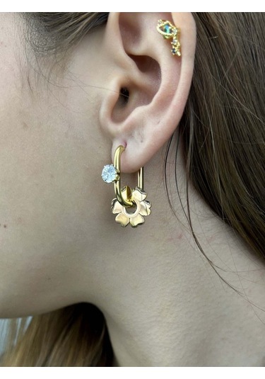 Zirkon Taşlı, Çiçek Figürlü, Paslanmaz Çelik Küpe 77, Altın Renk Altın