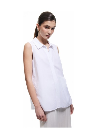 Koton Klasik Yaka Viskon Keten Karışımlı Kolsuz Gömlek Kırık Beyaz 5sak60257uw Ekru