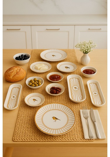 Seramık 6 Kısılık Kuş Desenlı 14 Parca Seramık Kahvaltı Takımı Beyaz